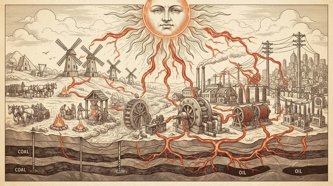 Işınları yeldeğirmenlerine, su çarklarına ve fabrikalara uzanan bir güneş; altta kömür ve petrol damarları, eski tarz mürekkep gravür.