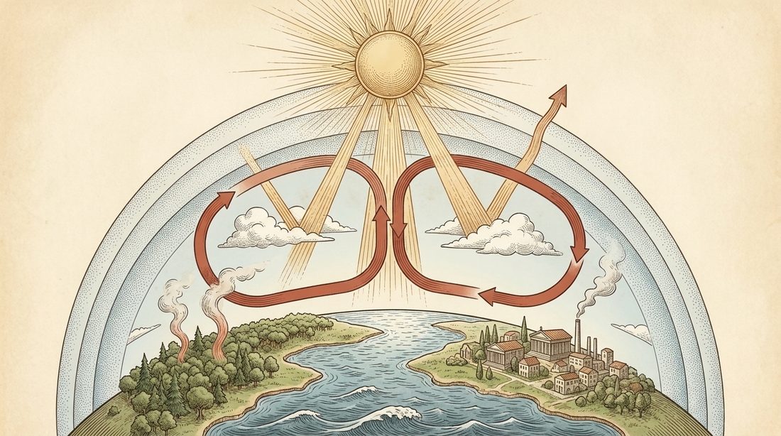 A vintage ink engraving of sun rays over the curve of the Earth and red air currents circling in the atmosphere, a forest on one side and an industrial city on the other.