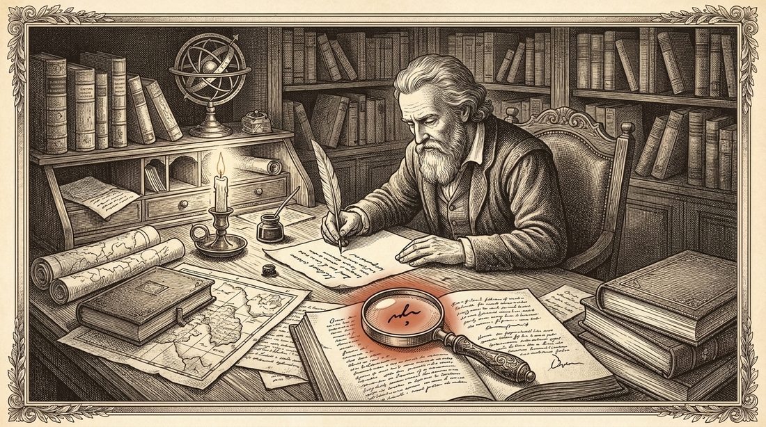 A vintage ink engraving of an open notebook and quill with an inkwell, wax-sealed letters and a drafting compass on a wooden desk.